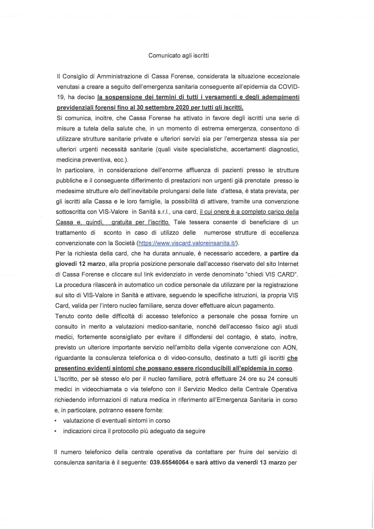 Comunicato agli iscritti Cassaforense 11.03.2020